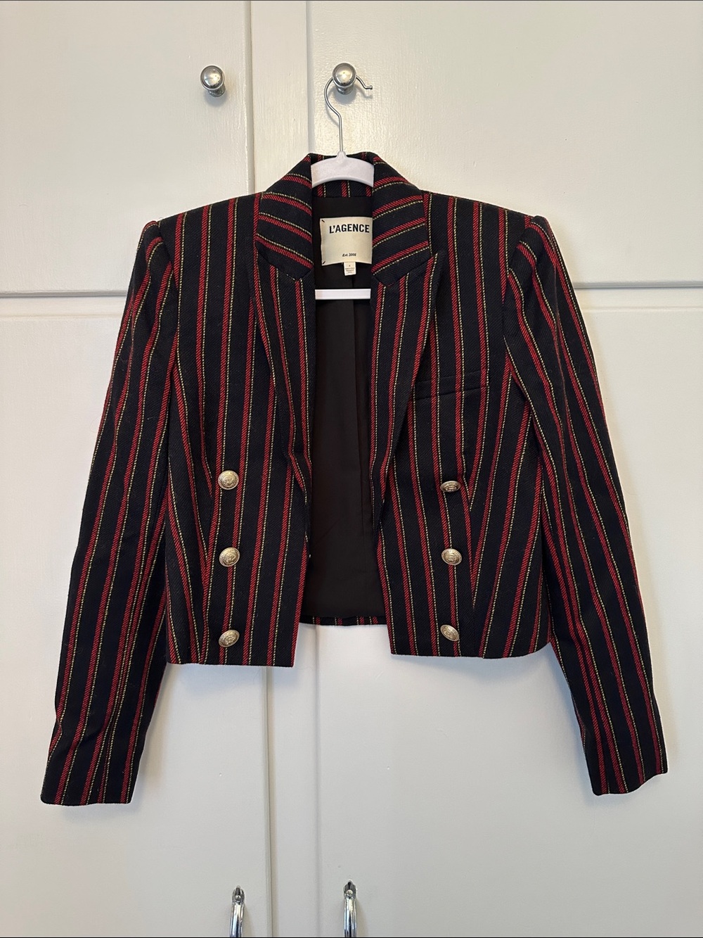 LIKE NEW L'Agence Striped Red and Black Blazer with Gold Button Detail